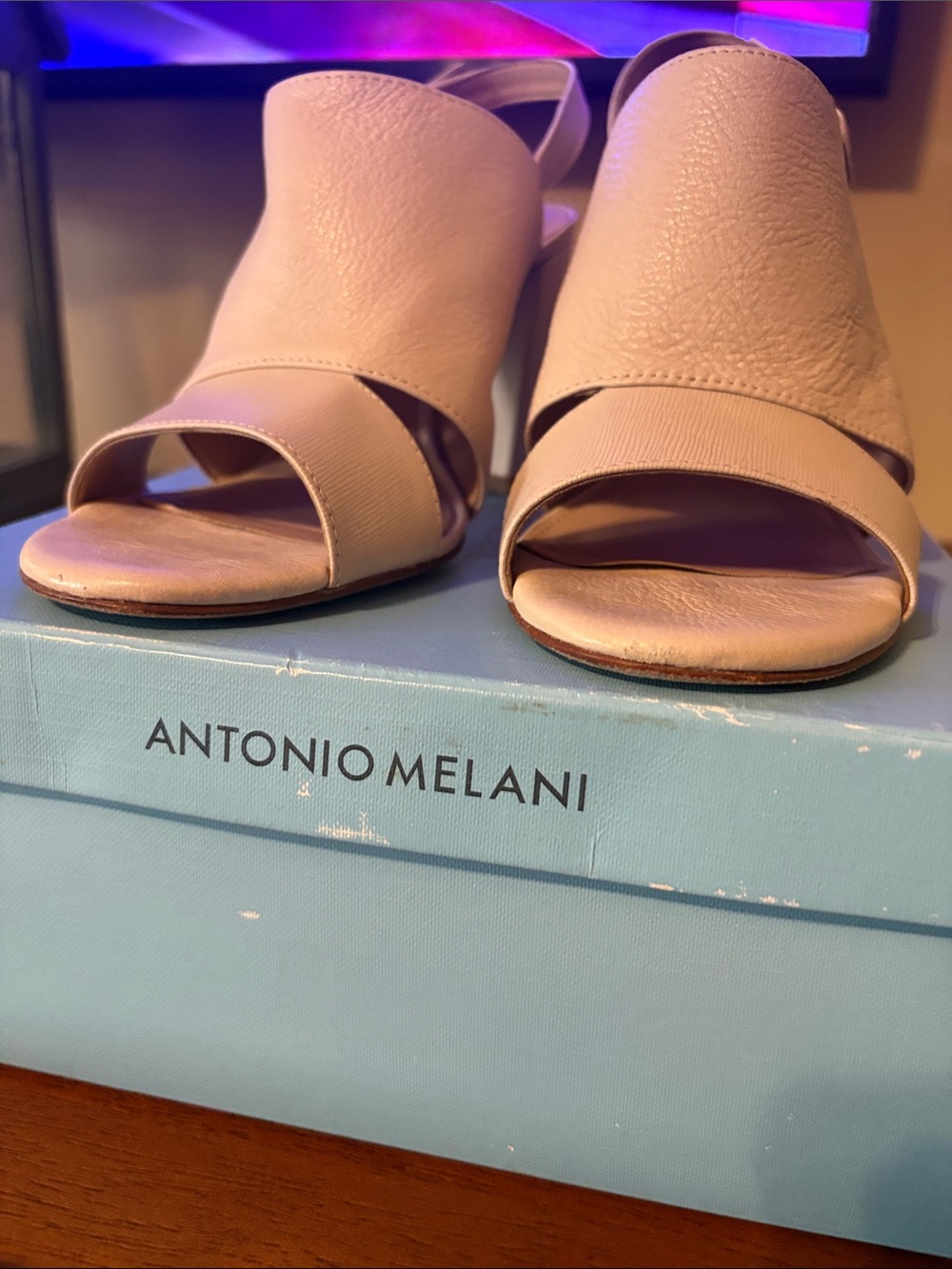 ANTONIO MELANI Tan Open-Toe Slide Mules